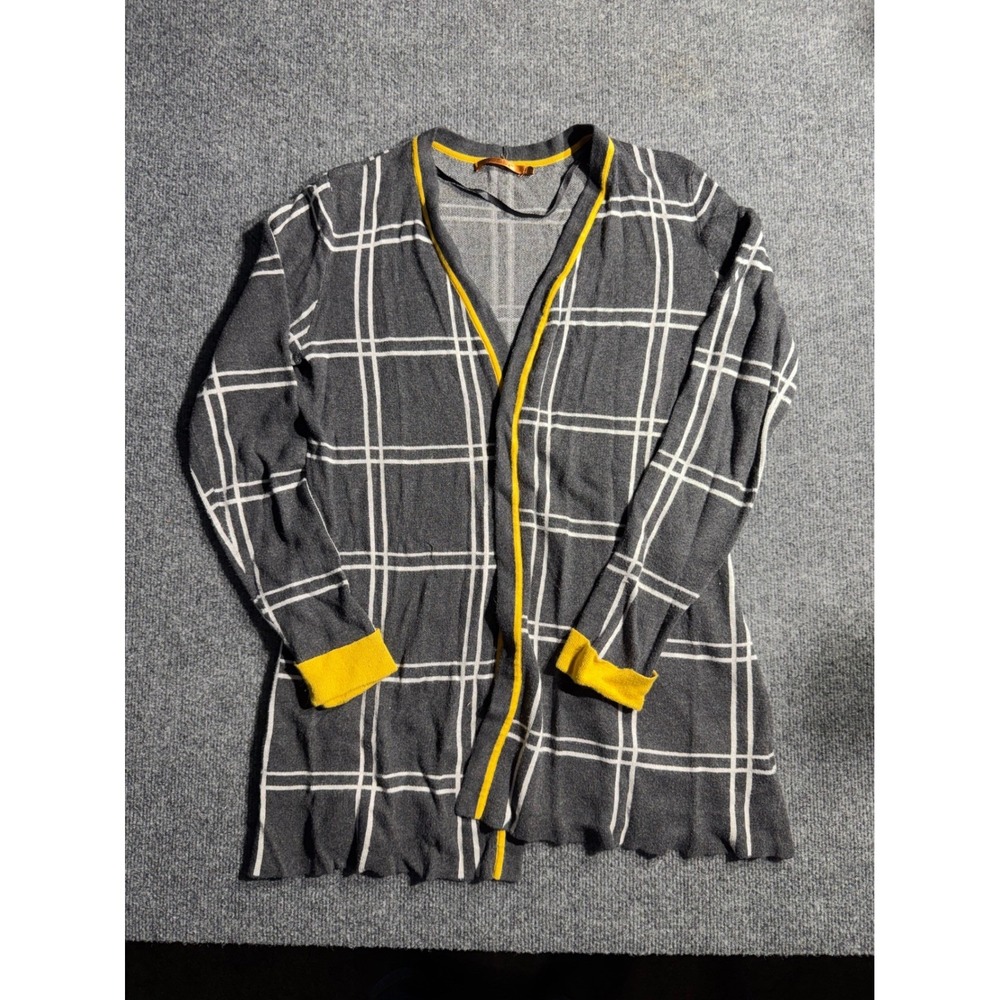 Belldini Grey White Windowpane Plaid Open Front Cardigan Yellow Trim Medium
